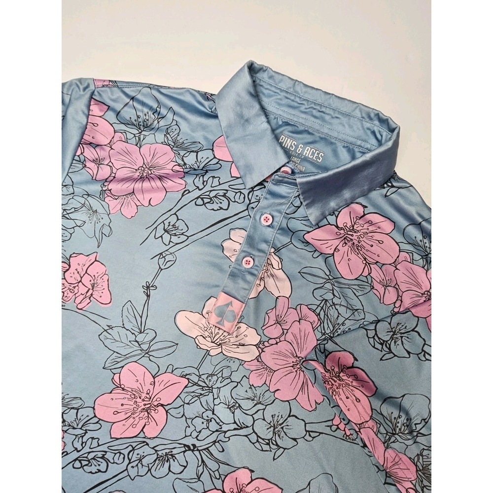 Pins & Aces Men's Short Sleeve Floral AOP Golf Polo Shirt Blue Large